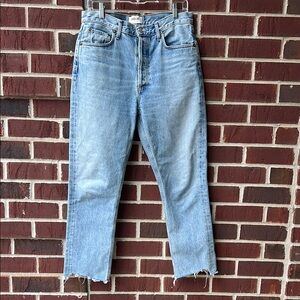 Agolde Blue Straight Leg Jeans with Cropped Raw Hem